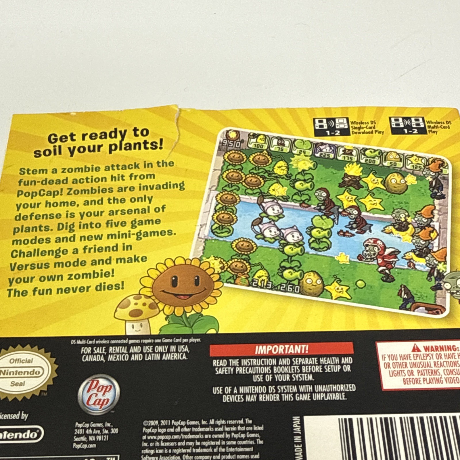 Plants vs. Zombies Nintendo DS Case, Manual, Outer Sleeve Only – NO GAME