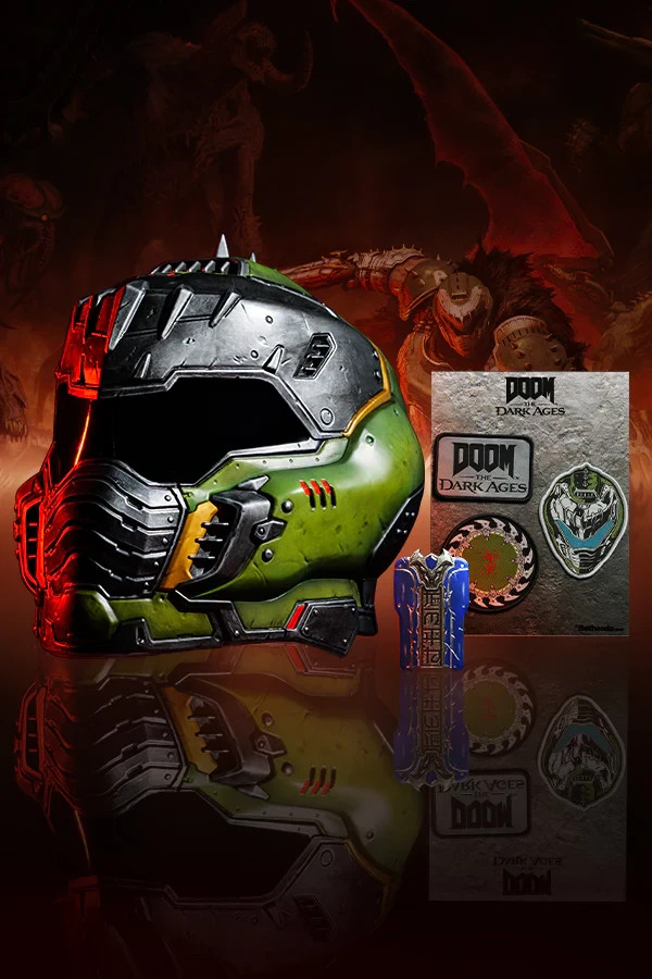 Doom: The Dark Ages Doom Slayer Wearable Helmet LED Bundle + Keycard x3 Patches