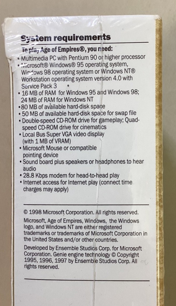 1998 Microsoft AGE OF EMPIRES Windows 95 Vintage, BRAND NEW, SEALED, OOP