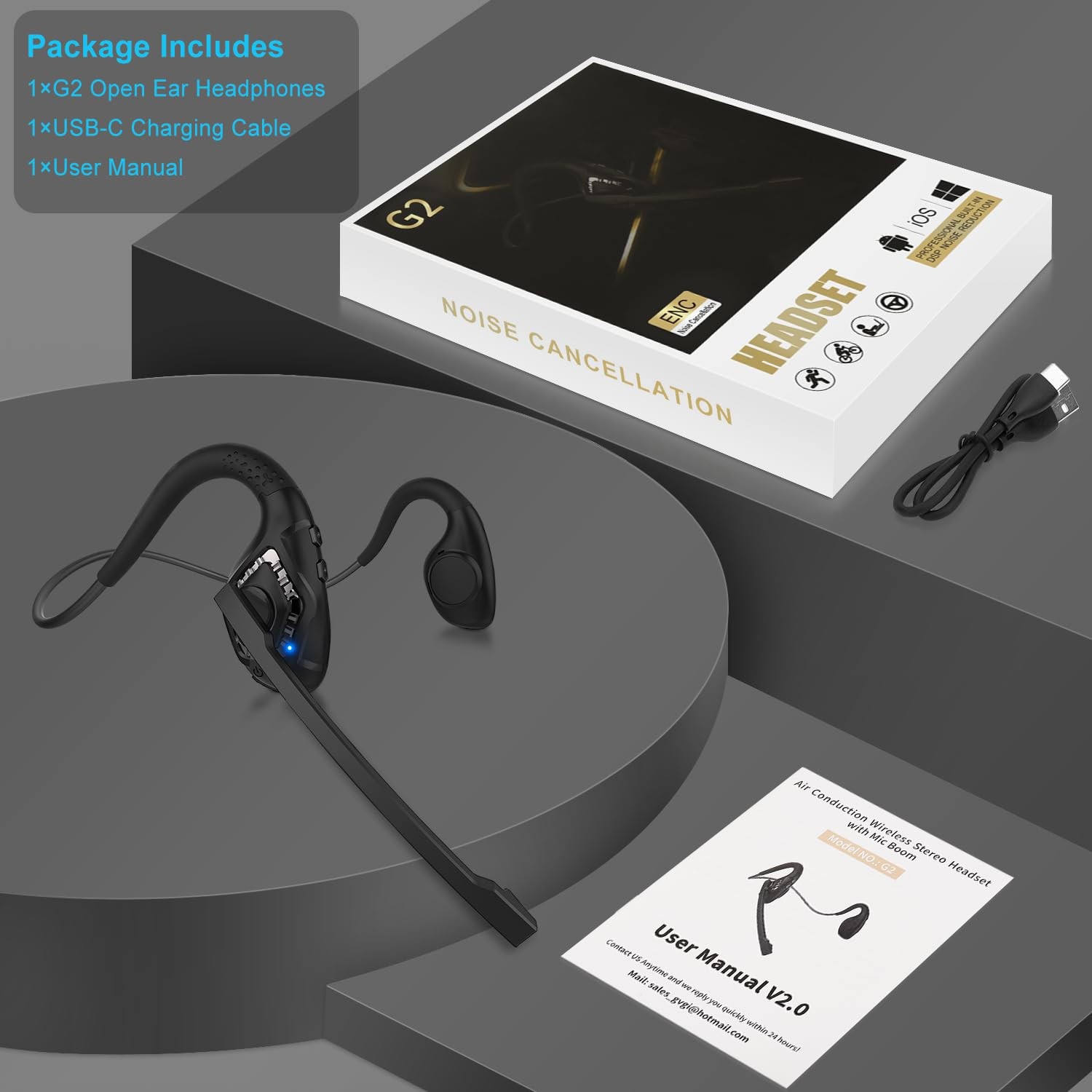 Bluetooth 5.3 Headset with Microphone, Open Ear Headphones w/Noise Cancelling…