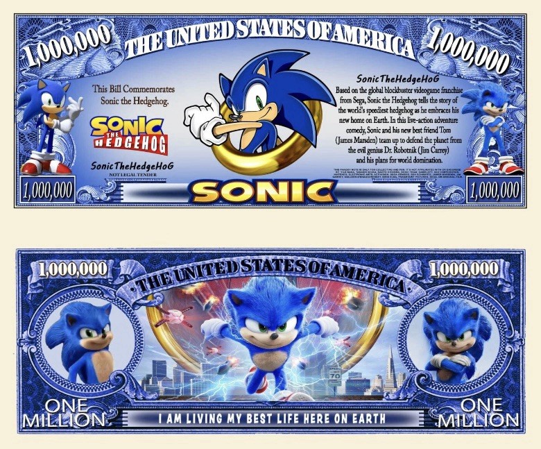 Pack of 25 Sonic Video Game Collectible Money Novelty 1 Million Dollar Bills