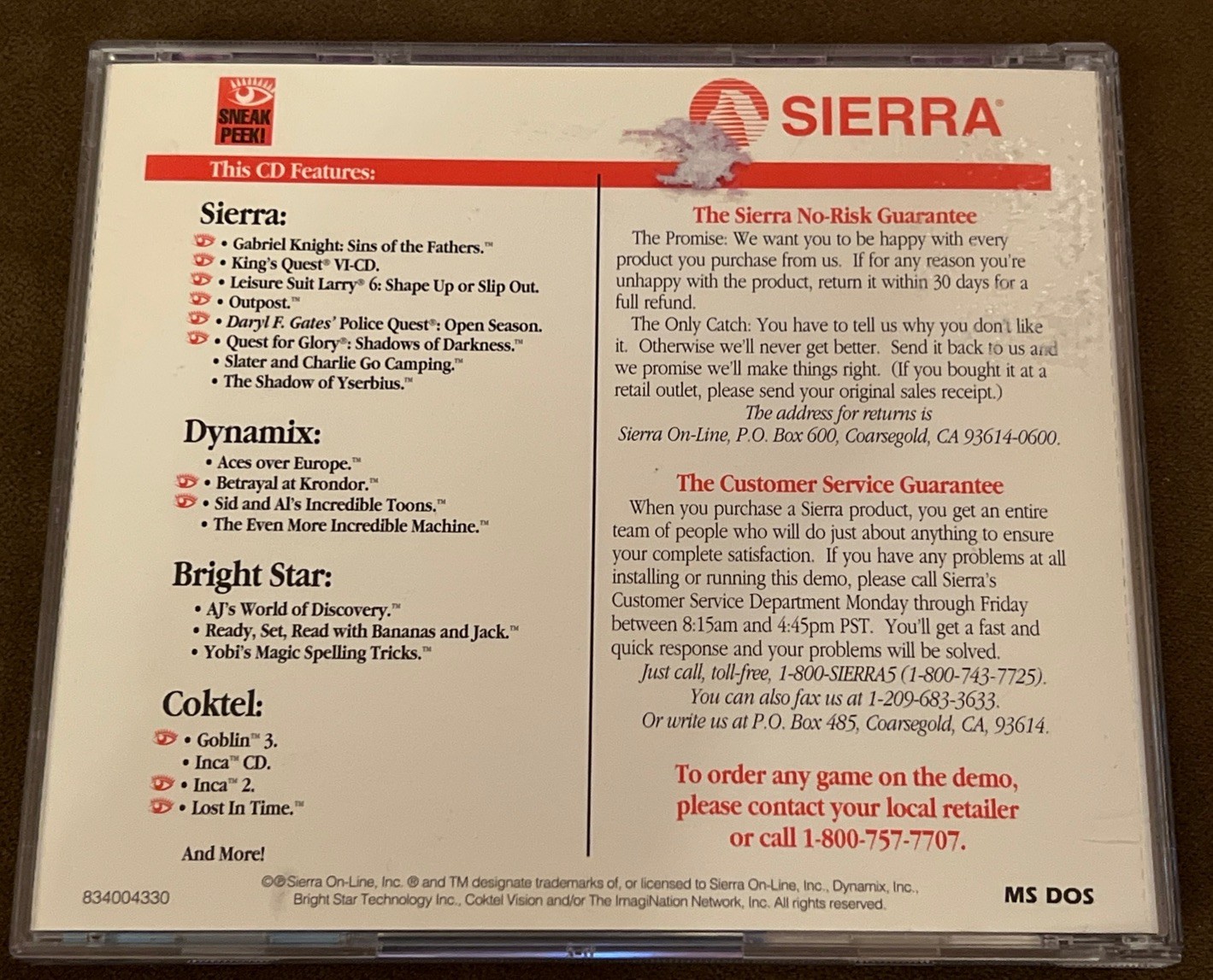 SIERRA SNEAK PEEKS CD-ROM Demo Disc 1993 PC GAME PREVIEW SOFTWARE RARE DYNAMIX