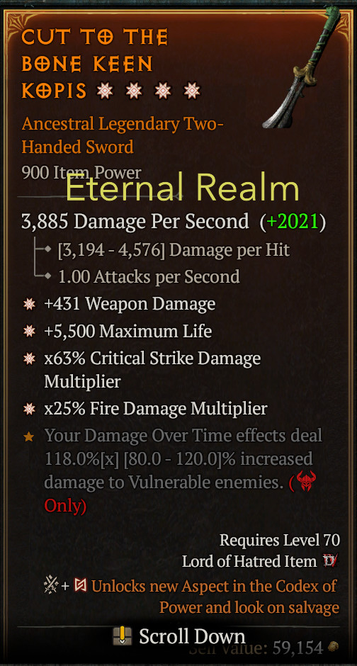 Diablo 4 Eternal 4GA 2H Sword – Weapon Dmg/ Max Life / Critical Dmg / Fire Dmg