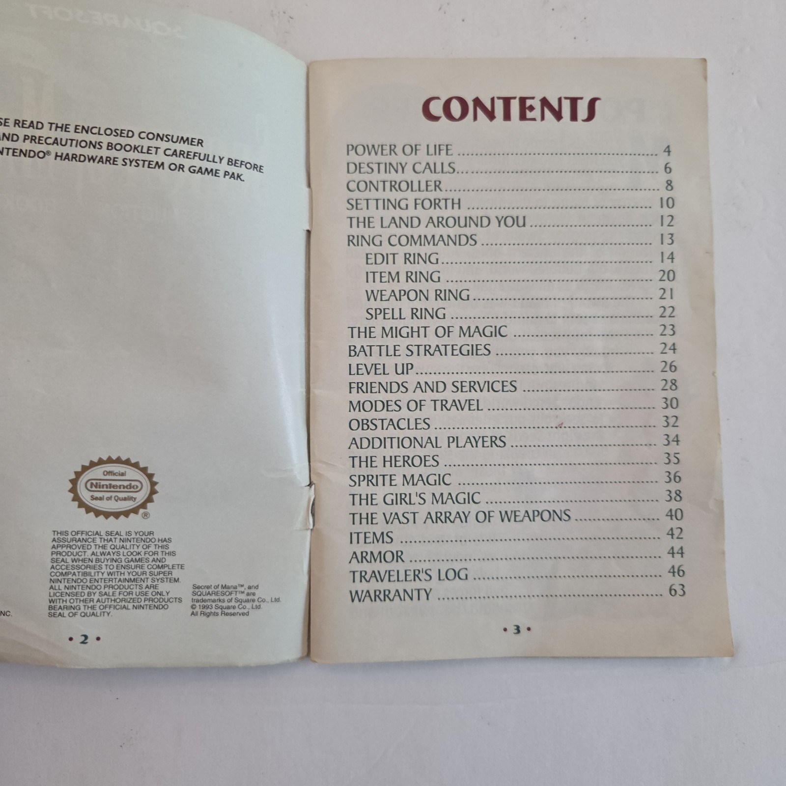Secret of Mana SNES Super Nintendo, Instruction Manual Book Only