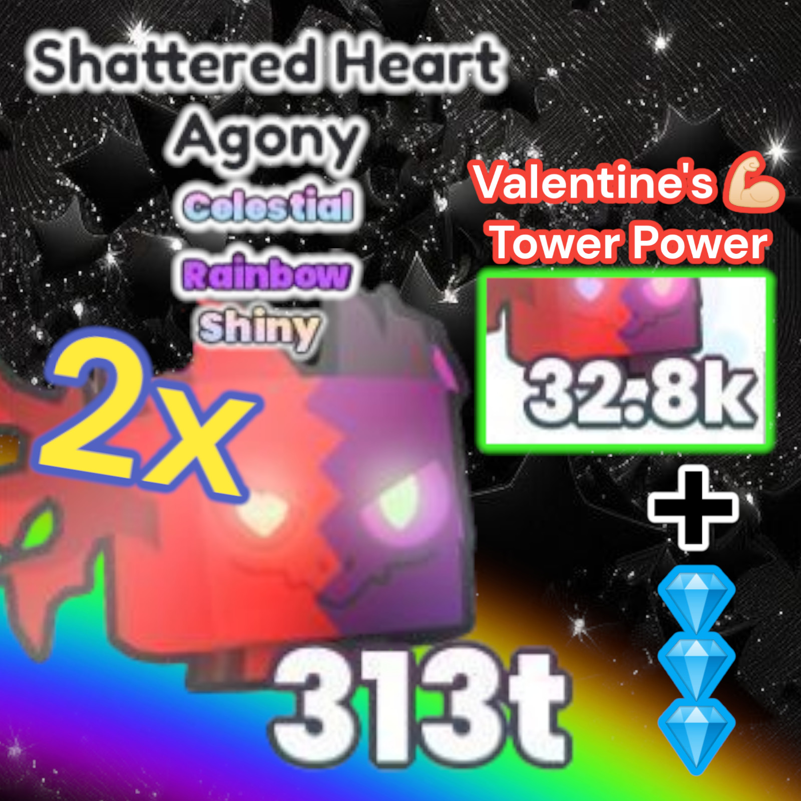 2x Shiny Rainbow Shattered Heart Agony + 2 Million Diamonds. Pet Simulator 99