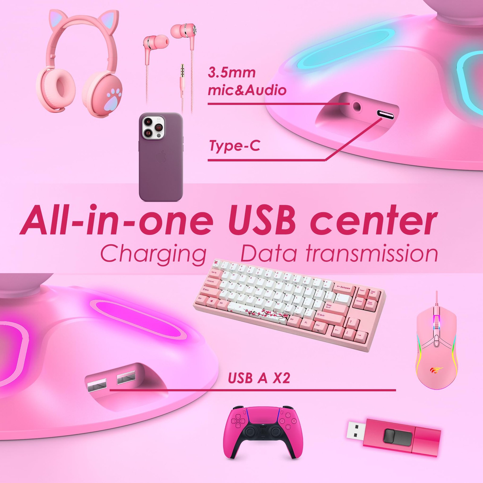 Pink Gaming RGB Headphone Stand with 9 Modes, Controller & USB/Type-C Charger
