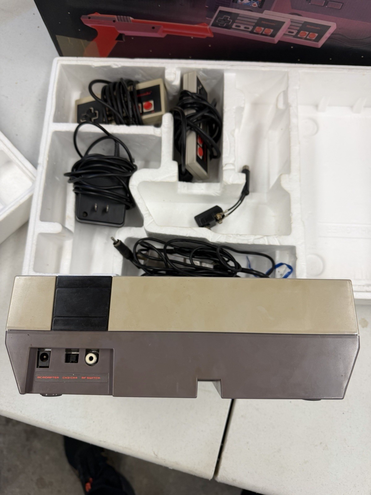 NES Action Set Box with Styrofoam, Console, Controllers, Hookups.