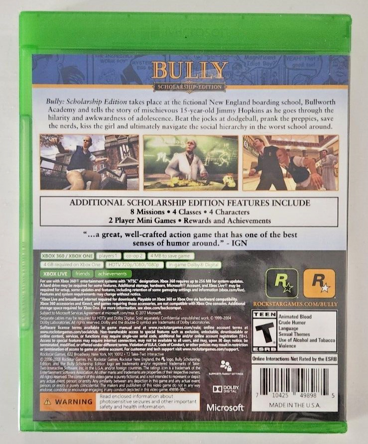 Bully: Scholarship Edition Xbox One Brand New Game (2008 Action/Adventure)