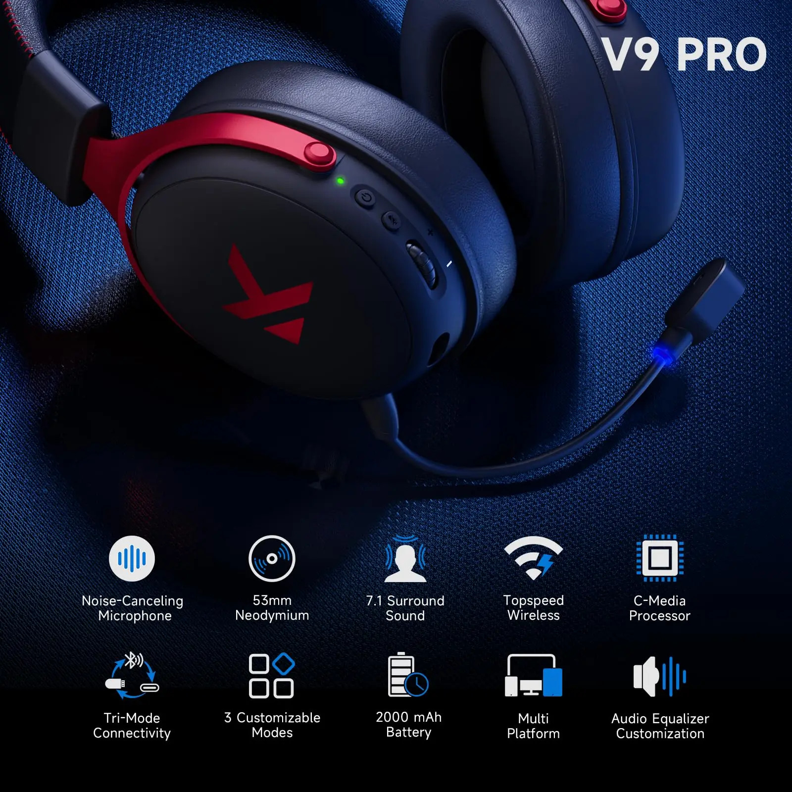 MCHOSE V9 Pro Wireless Gaming Headset 7.1 Surround Sound 250Hr Battery PS5 PC