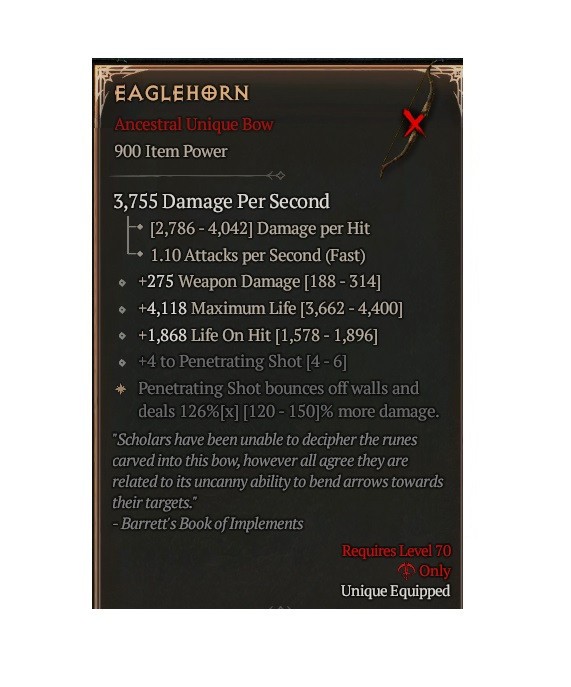 Diablo 4 Season 14 Eaglehorn 0GA 126% Unique Bow Weapon Rogue Gear Equipment