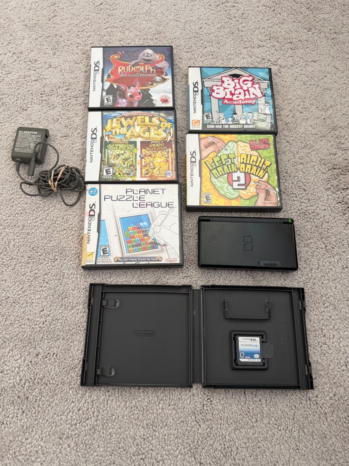 Nintendo DS Lite Black Bundle With Pwr Supply and 6 Games, Tested