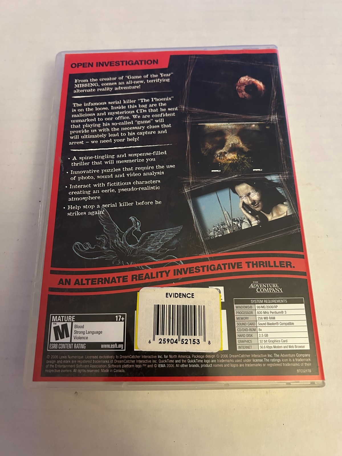 2006 The Adventure Company Evidence The Last Ritual PC CD-ROM 4 Disc Game