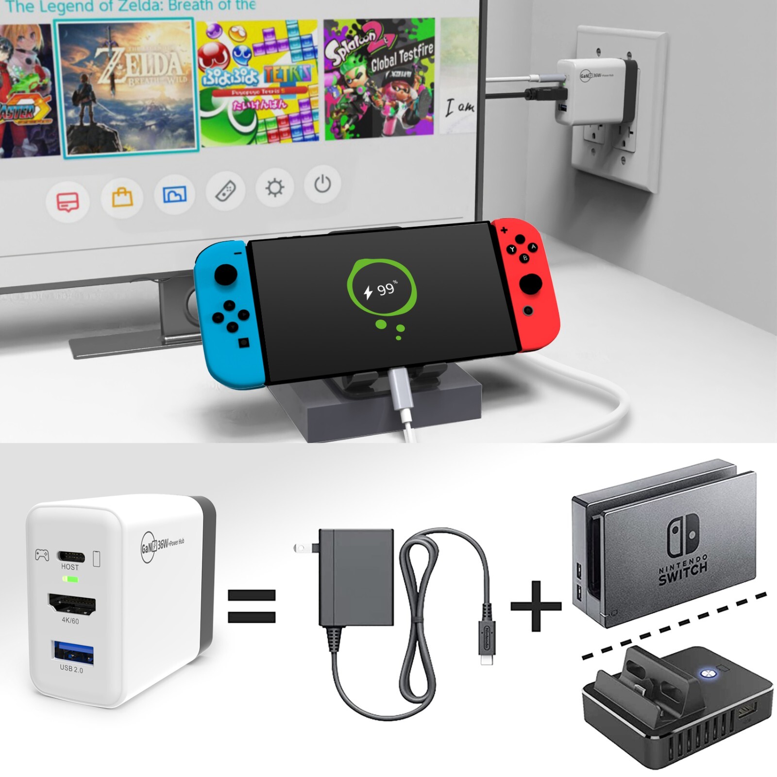 3 in 1 TV Dock Station for Nintendo Switch 36W Portable Charger Docking Station