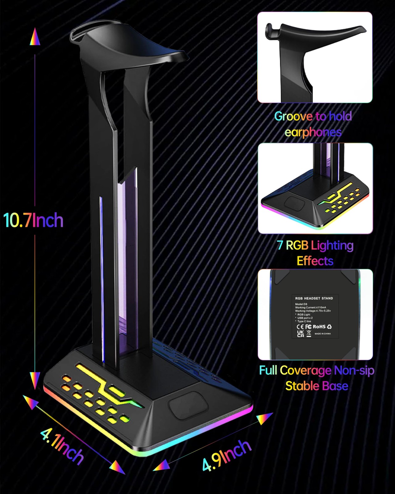RGB Headphone Stand with 2 USB 2.0 Extension Charging Port Extender Cord,Desk…