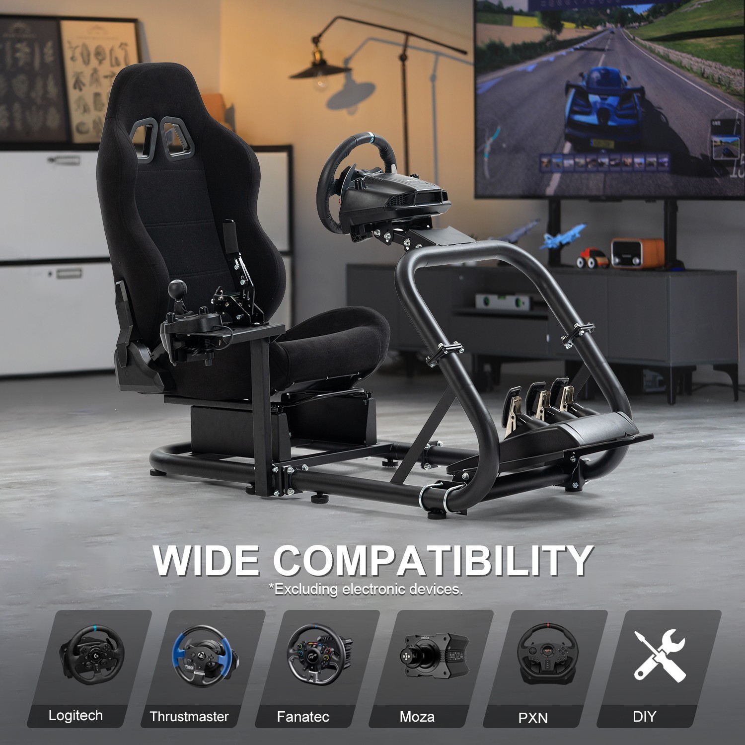 Marada Racing Simulator Cockpit with Black Seat fit Logitech G29 G923 G920 T300