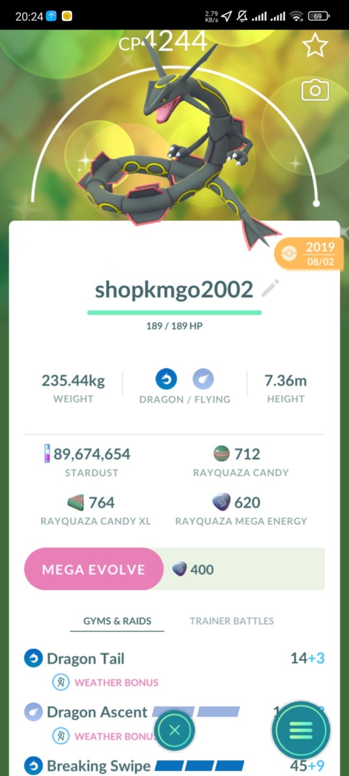 Shiny Rayquaza 2019 – Lv50 – 3moves – Dragon Ascent skill + Breaking Swipe