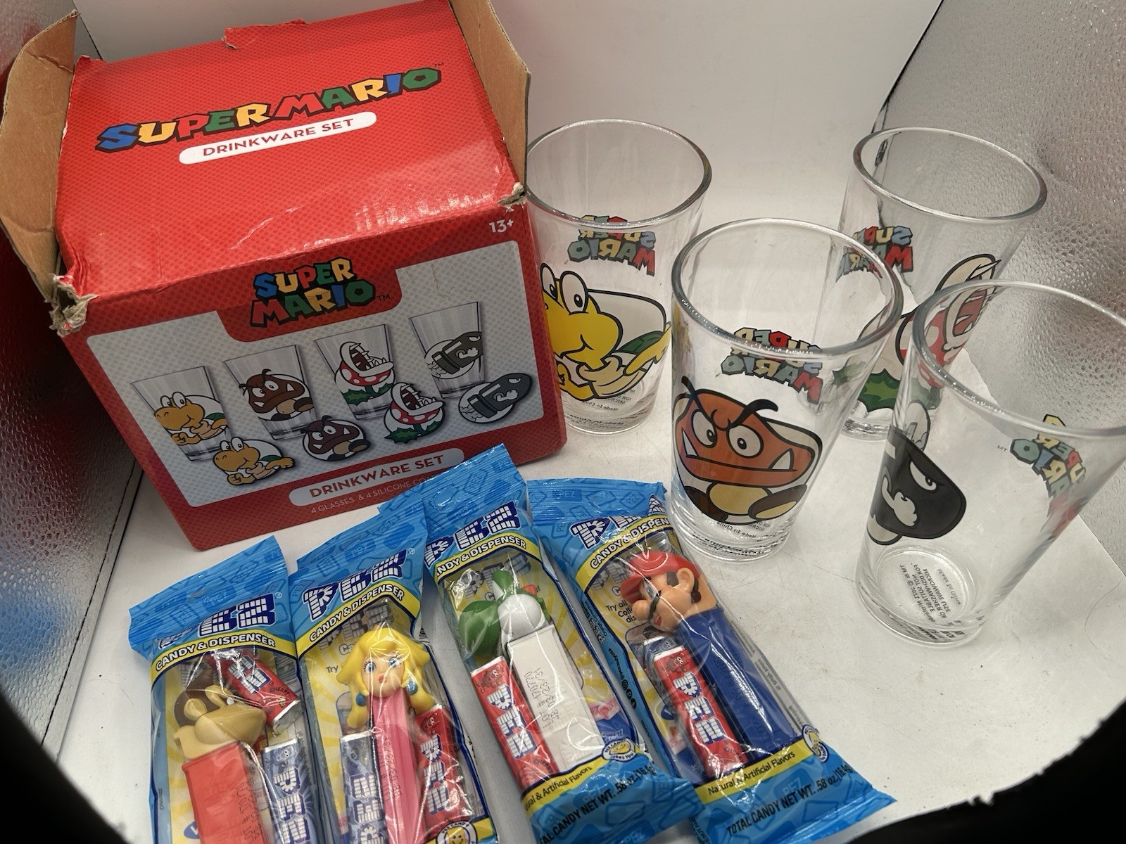 Set of 4 Nintendo Super Mario Enemy Drinkware Glasses 16 oz 2021 & 4 Pez Candy