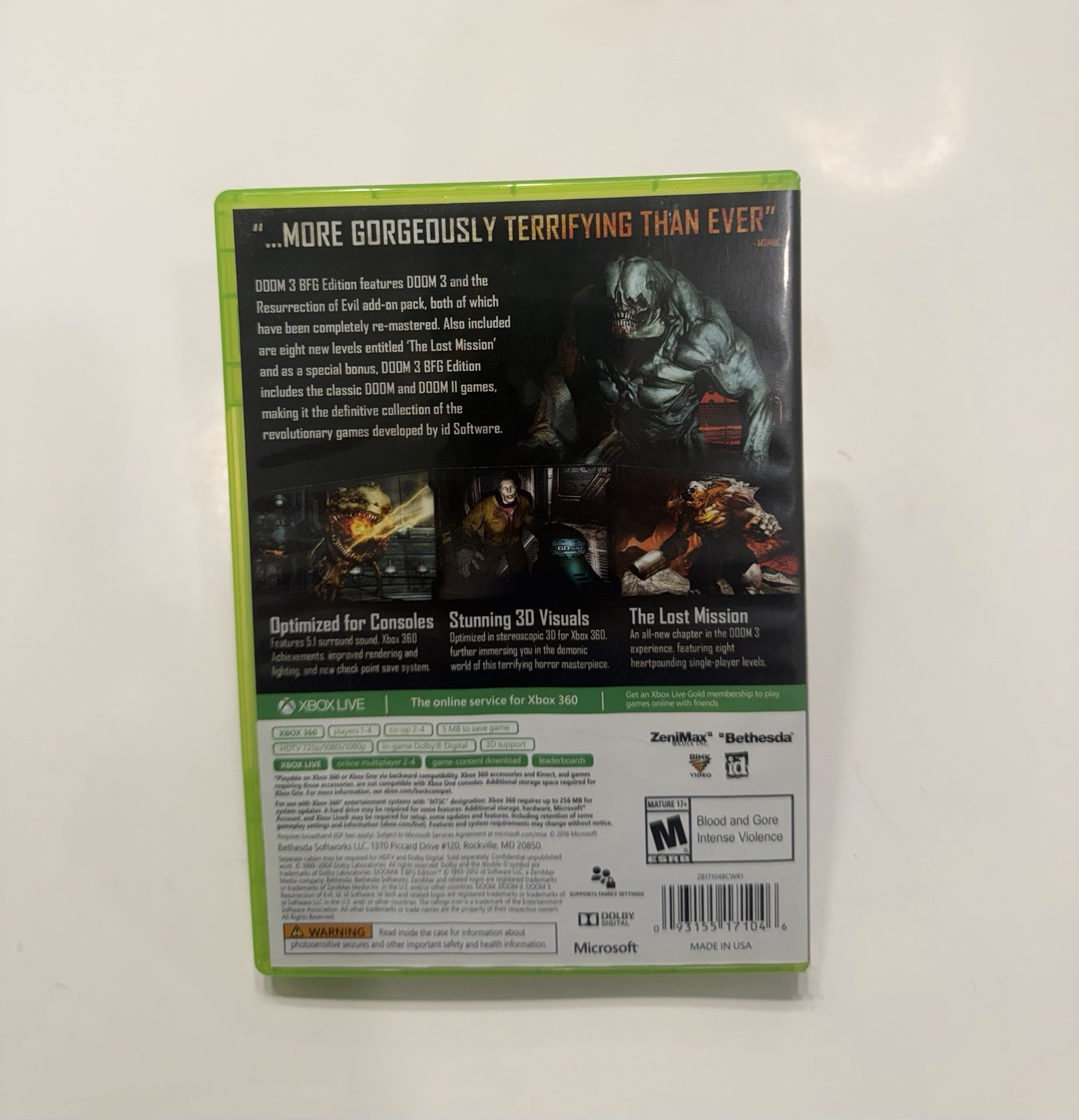 Bethesda DOOM 3 BFG Edition Xbox 360/Xbox One M NTSC-U/C 2012 w/ Case