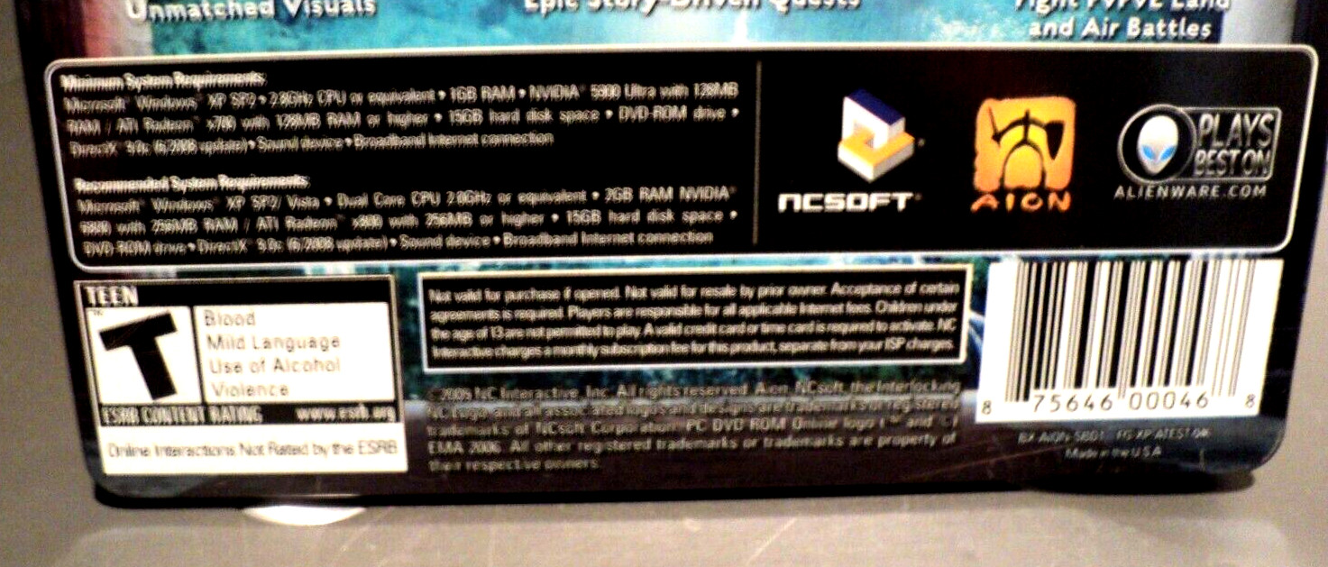 NCSOFT Aion (2009, DVD-ROM) Online Video Game: Manual & Reference: Metal Case