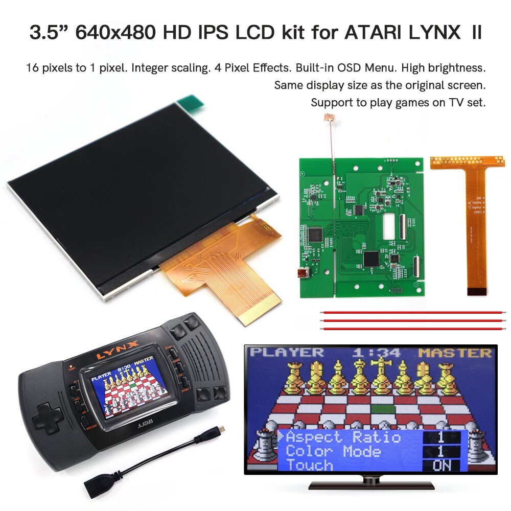 Hight Light 3.5″ 640×480 Retro Pixel IPS LCD Kit For ATARI LYNX Ⅱ 720P HDMI