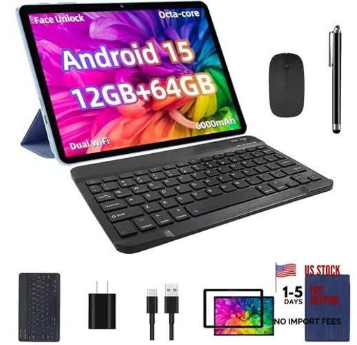 Android 15 Tablet, 12GB+64GB+1TB Expand, 10inch Tablet Bundle with Blue