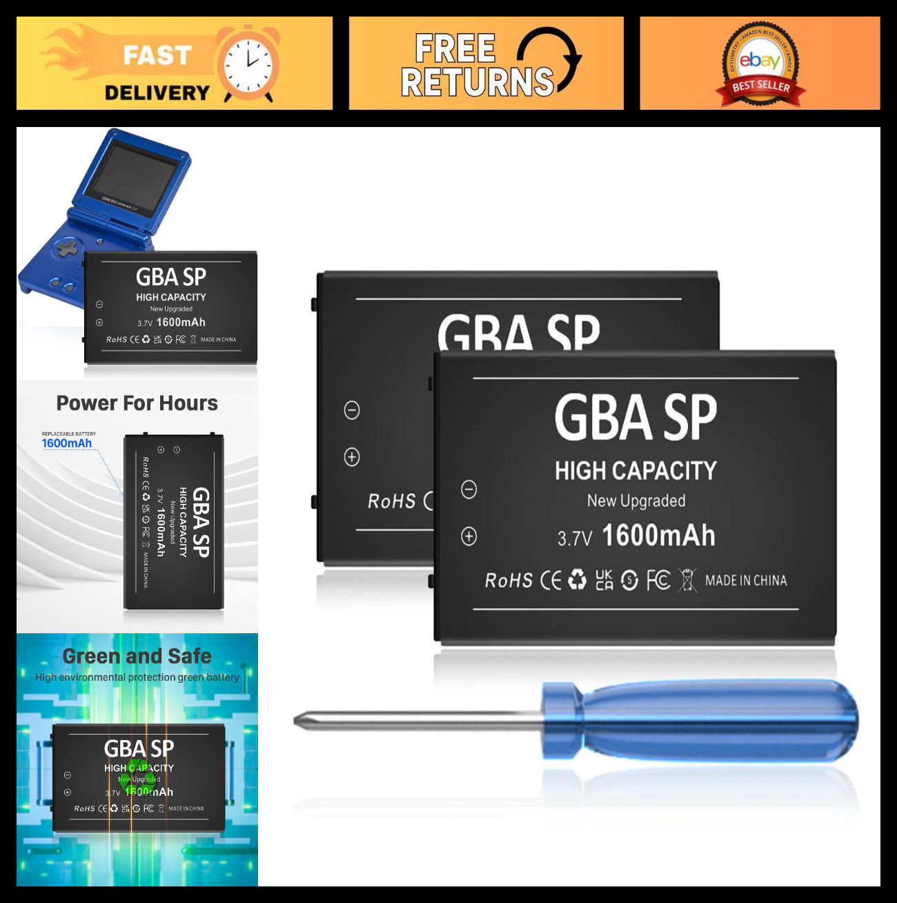 High Capacity 1600mAh Rechargeable Battery 2-Pack for Gameboy Advance SP AGS-001