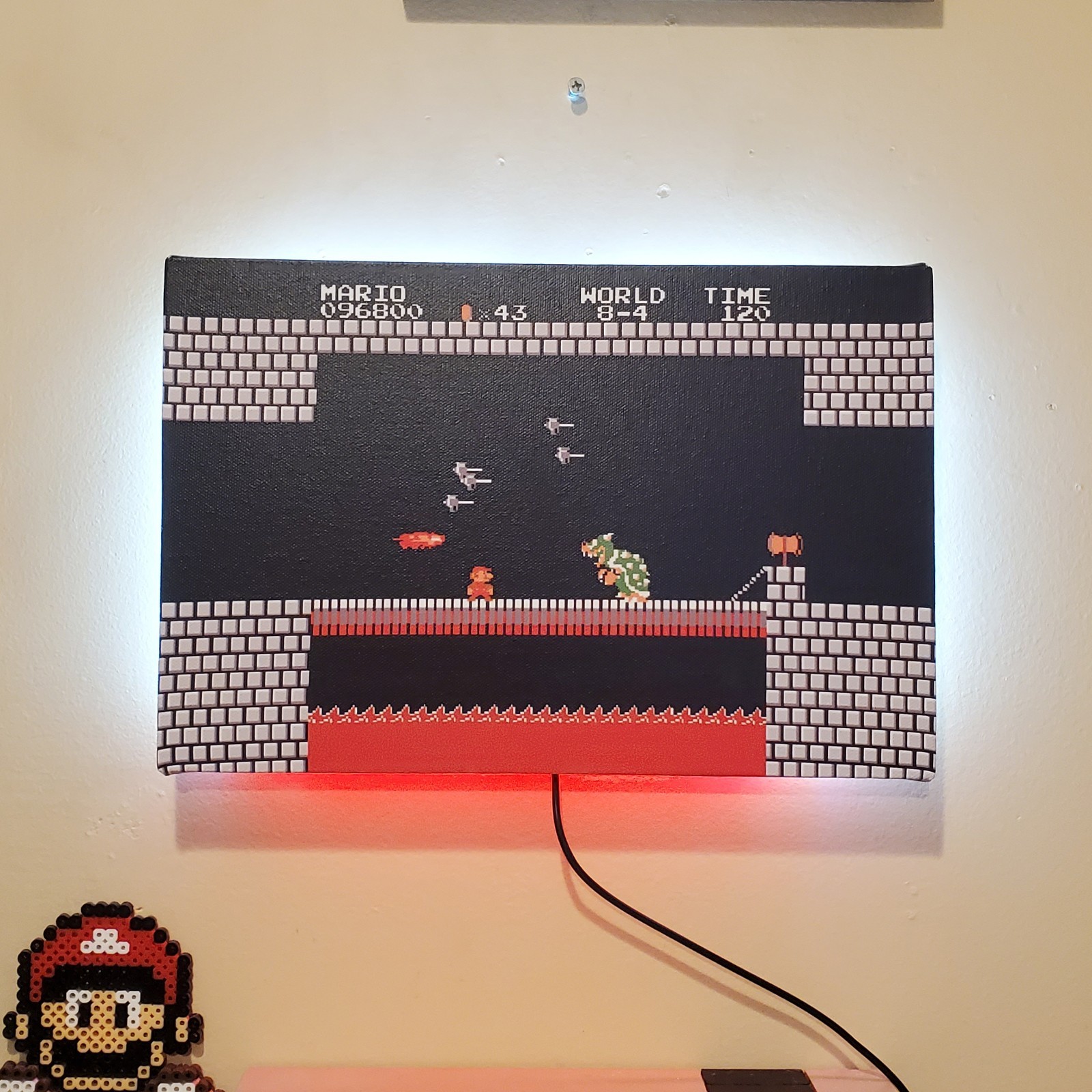 Mario vs Bowser backlit with LEDs custom wrapped canvas 8×12″ game room gift NES