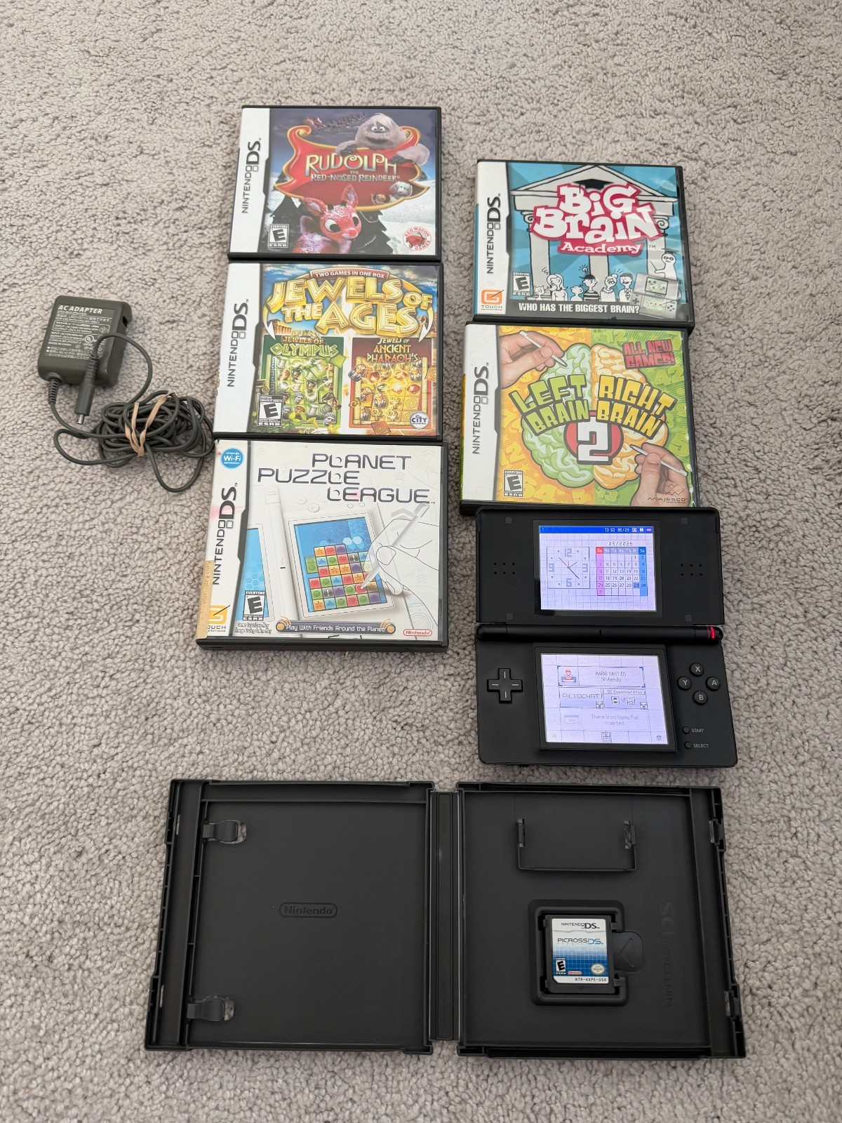 Nintendo DS Lite Black Bundle With Pwr Supply and 6 Games, Tested