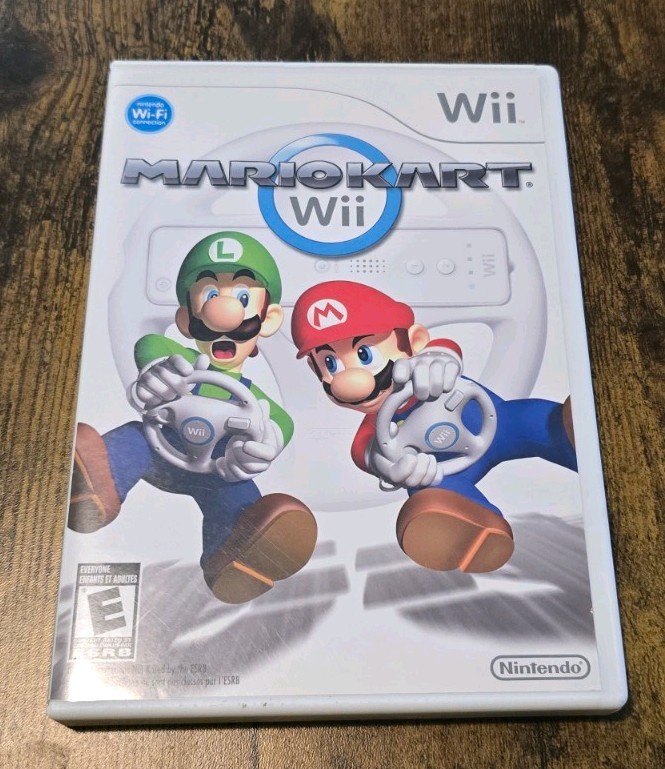 Nintendo Wii Mario Kart with Wheel and Super Mario Bros Game Complete Set