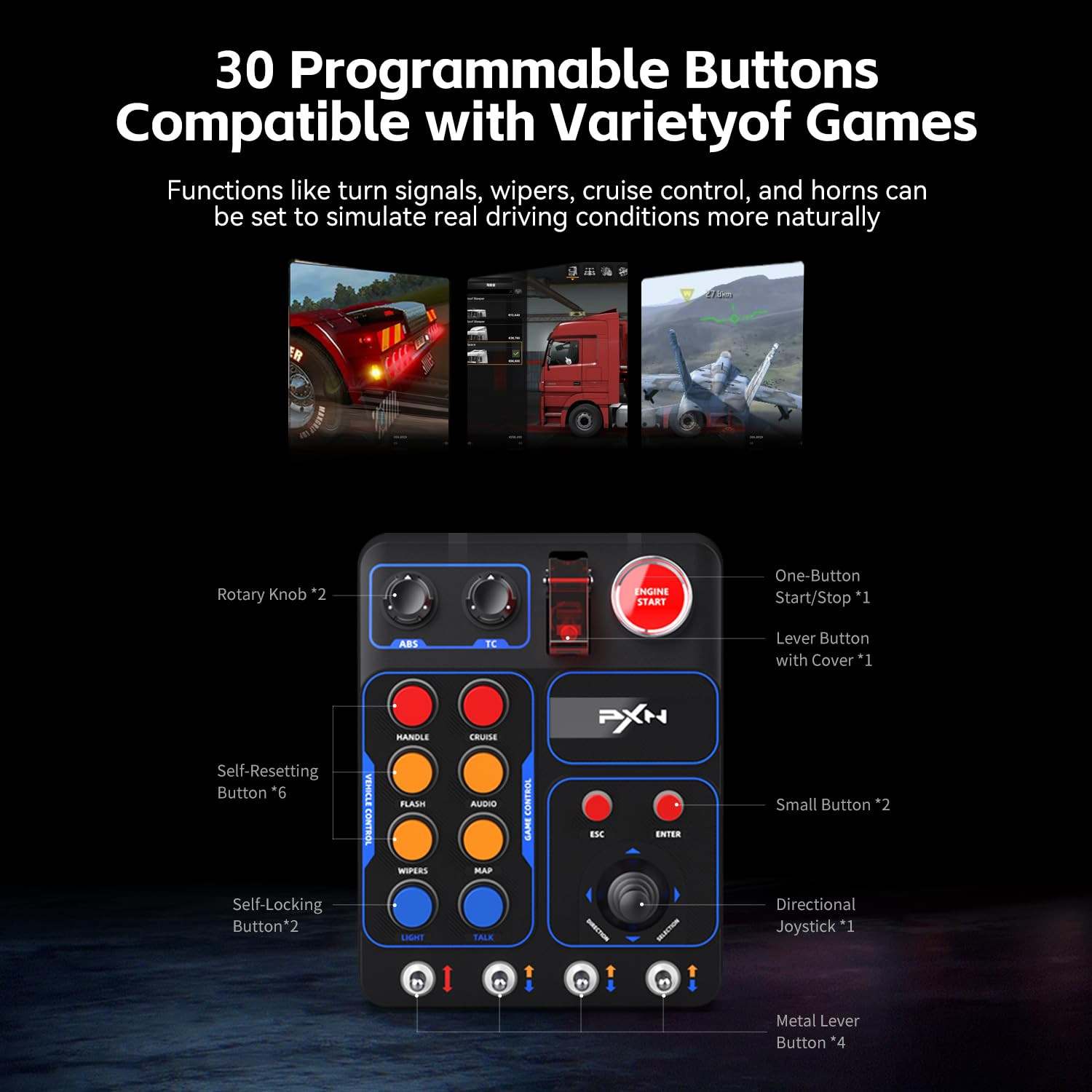 CB1 Gaming Button Box – Sim Drive Control with 19 Buttons (9 Types), 30 Programm