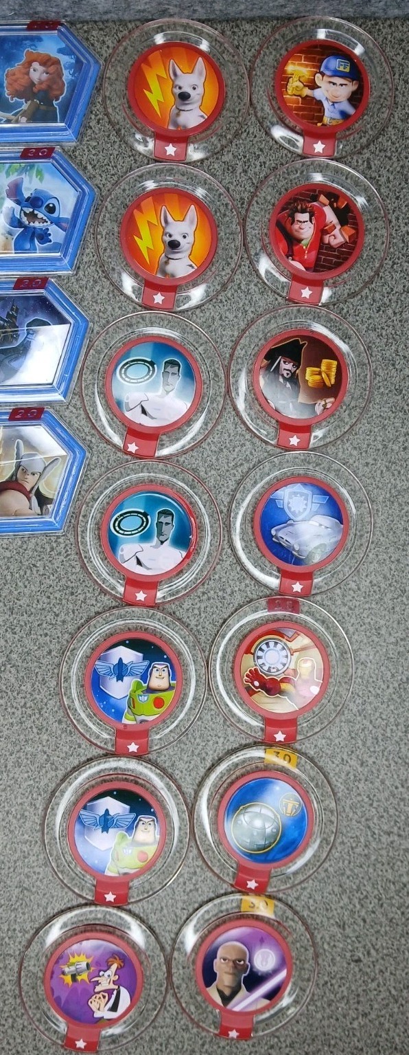 Disney Infinity Power Disc Lot 59 Mixed 1.0 2.0 3.0 + 9 Cards 7 Inserts Disney