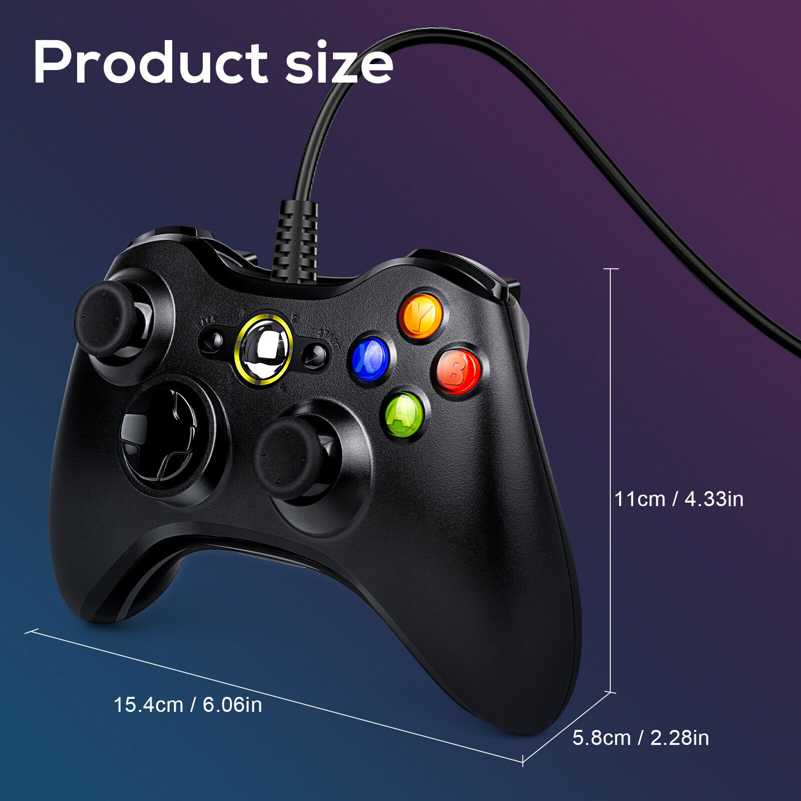 Wired Controller USB For PC Microsoft Xbox 360/Slim/Windows 7 8 10 11-Black