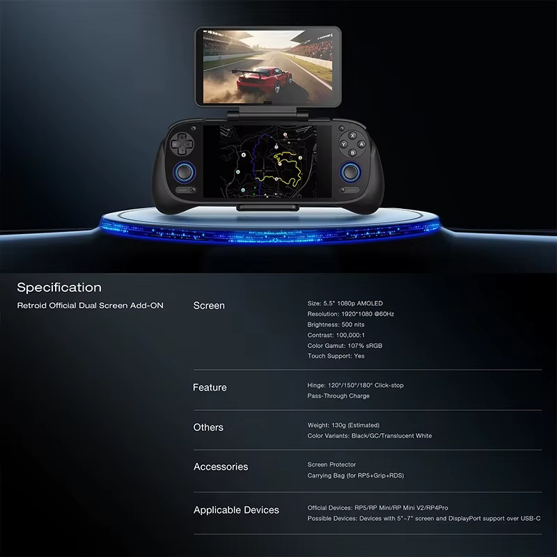 Dual Screen Add-on 5.5″ OLED Back Clip for Retroid Pocket 5 RP5/RPmini V2/RP4 Pr