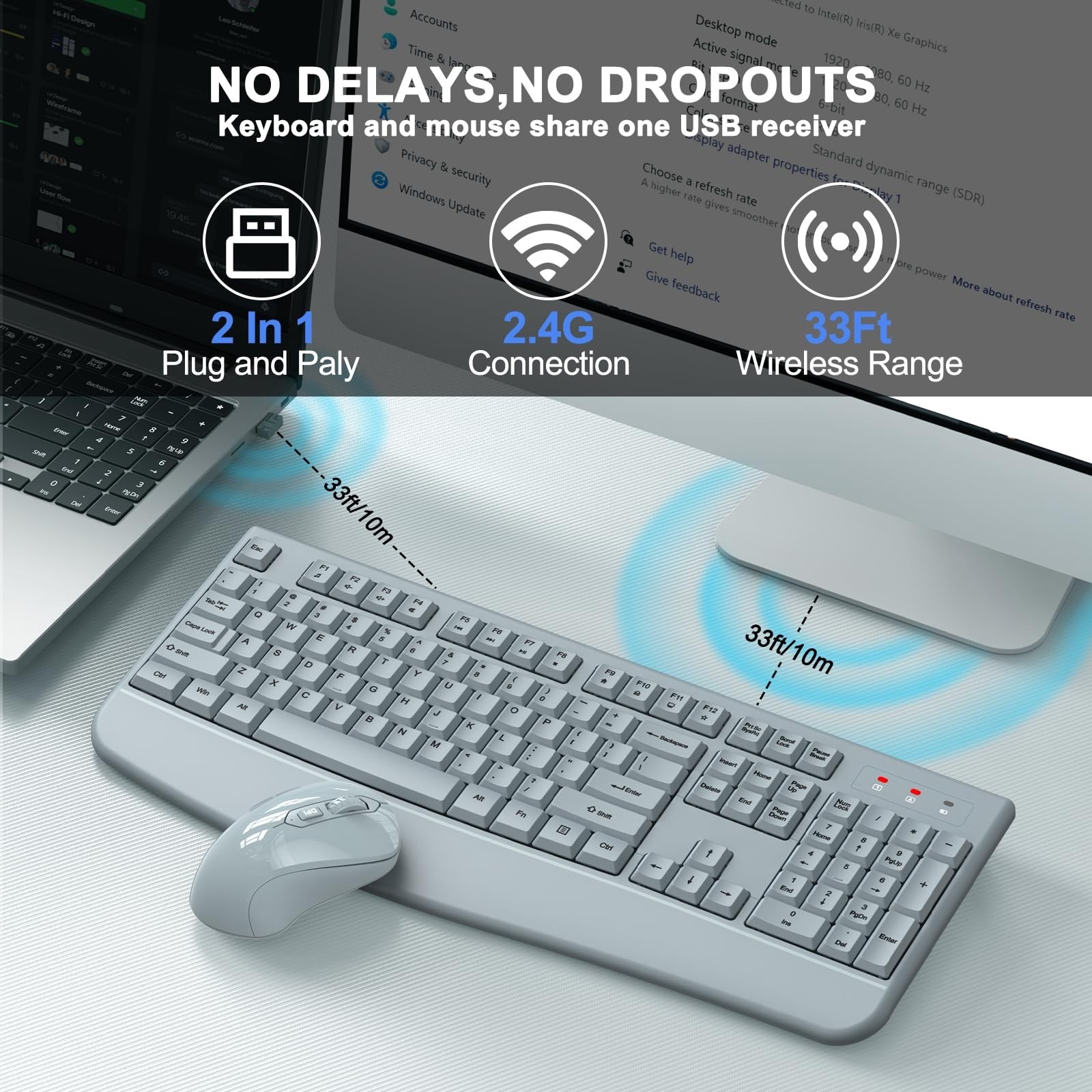 Wireless Keyboard and Mouse Combo, ULSOU 2.4G Full-Sized Ergonomic Computer K…