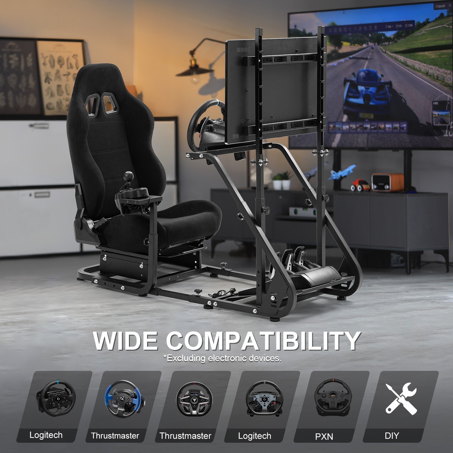 Marada Racing Simulator Cockpit With Monitor Stand & Black Seat Fit For Logitech