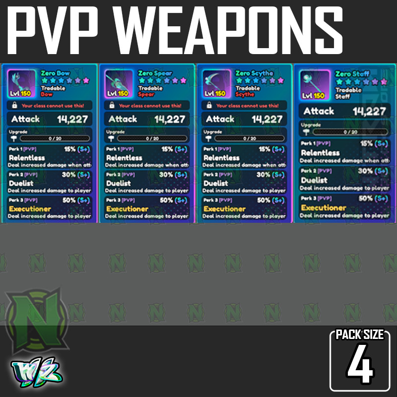Roblox World Zero WZ – 4 PACK – PVP WEAPONS PACK – COMBI DEAL