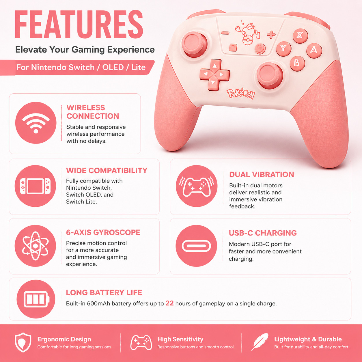 Wireless Pro Controller for Switch OLED Lite Bluetooth USB-C Dual Vibration Pink