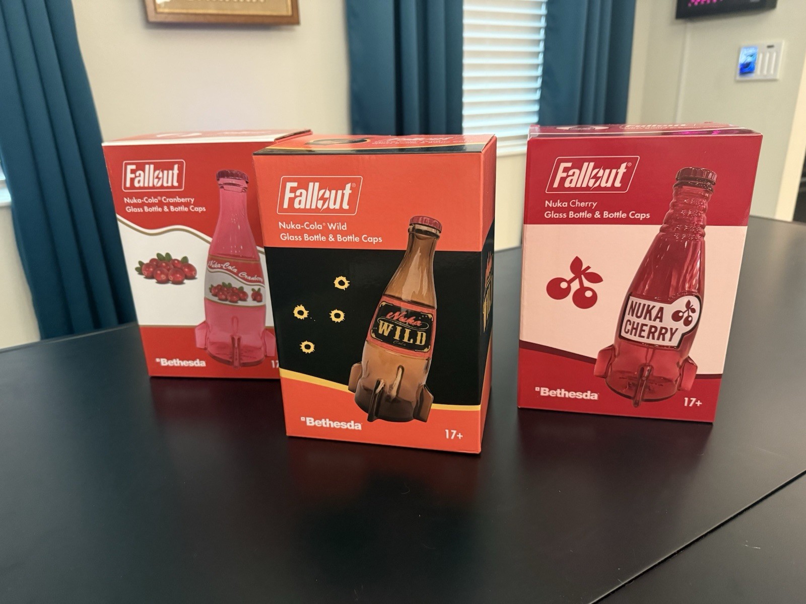 Bethesda Fallout Nuka Cola Wild, Cranberry & Cherry Glass Bottle + Caps Set