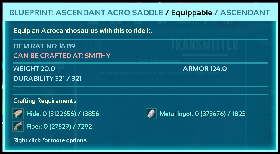 Ark Ascended PC/PS5/XBOX PVE BP ASCENDANT 124 Armor ACRO SADDLE Blueprint