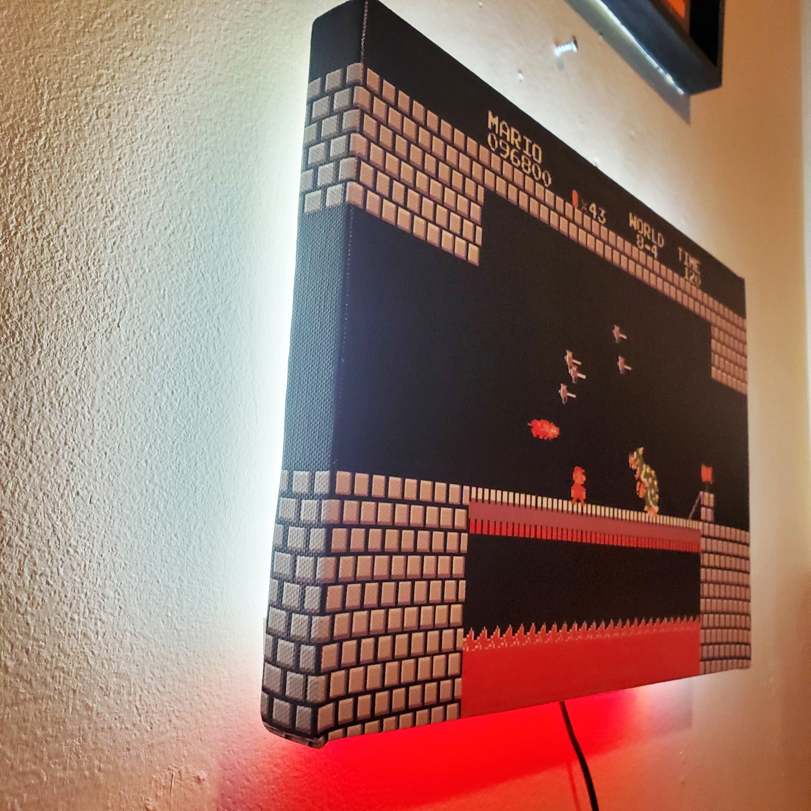 Mario vs Bowser backlit with LEDs custom wrapped canvas 8×12″ game room gift NES