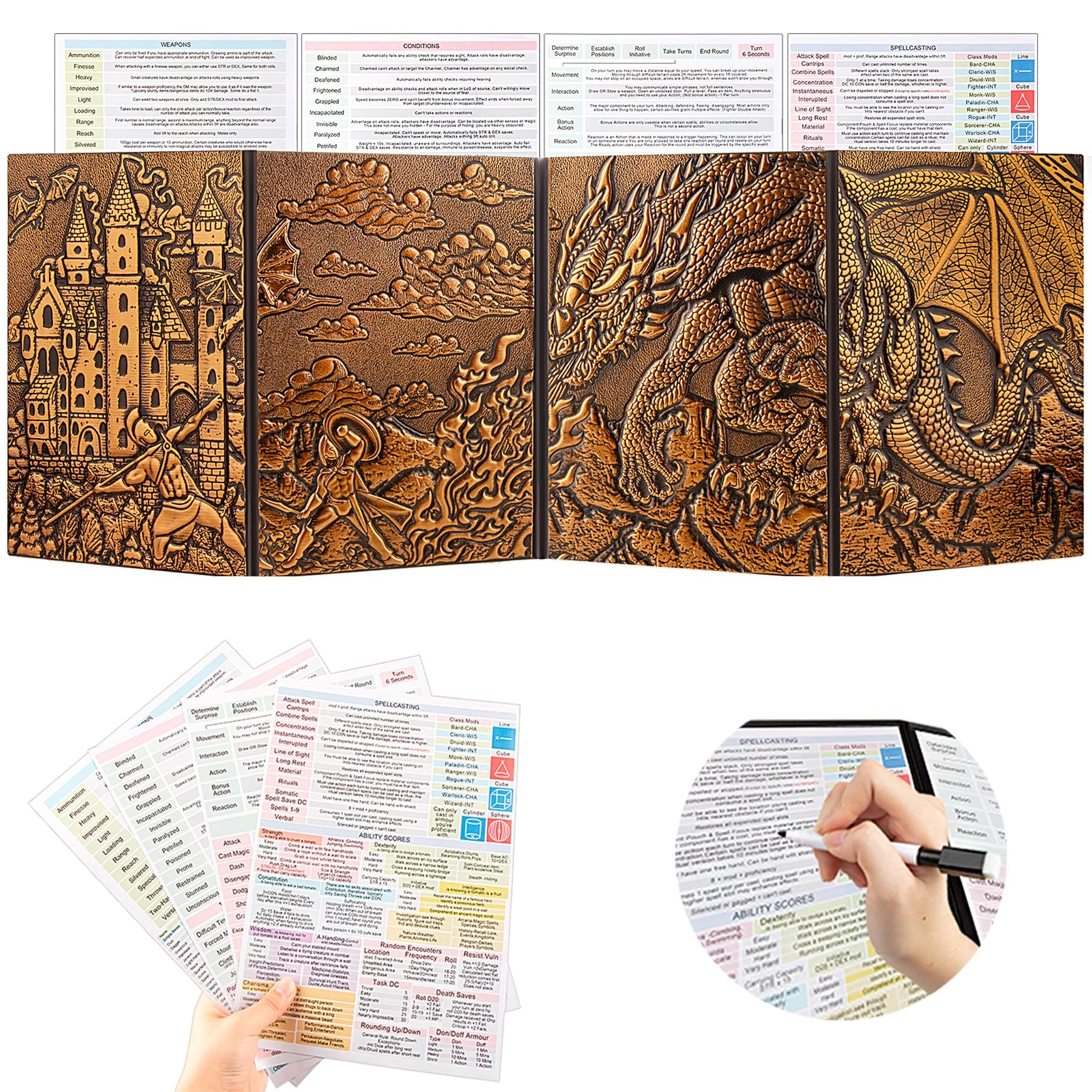 DND Dungeon Master Screen 3D Faux Leather,4 Panel Game Master with Pockets DM…