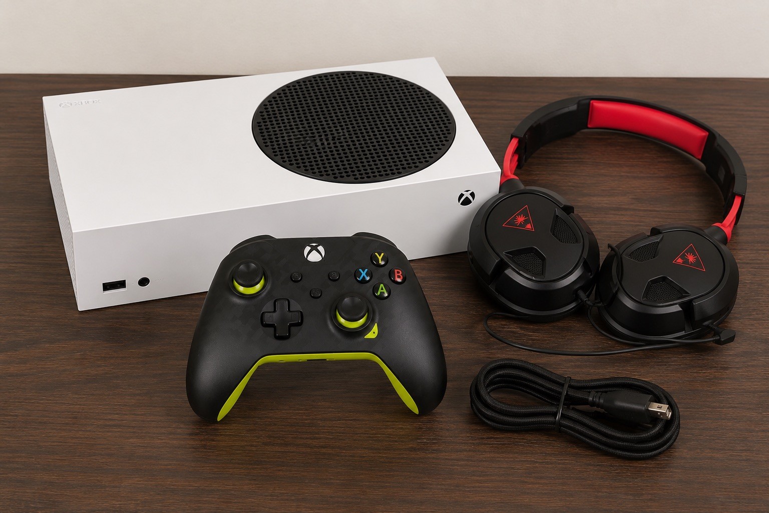 Microsoft Xbox Series S, wired Xbox controller turtle beach headset, power chord