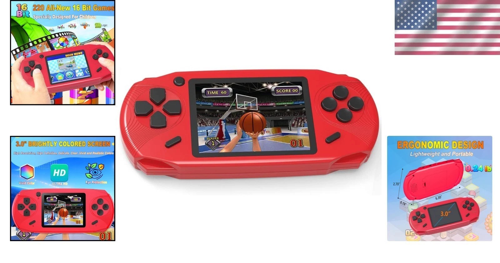 16-Bit Handheld Game Console – 220 Retro Games – 3.0” LCD – Ideal Gift in Red
