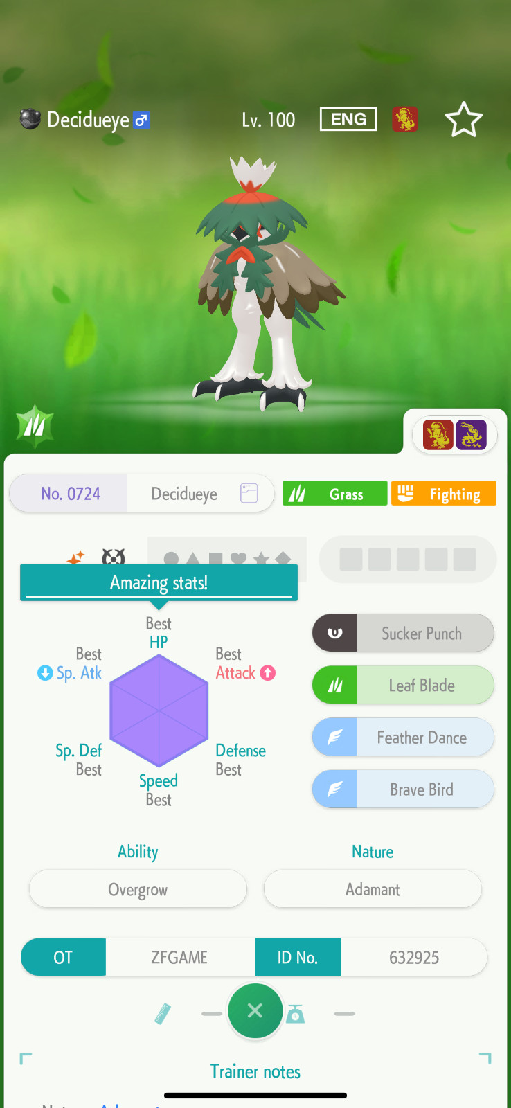 ✨6IV SHINY Hisuian Decidueye + EVS🚀 POKEMON HOME✨Champions✨Online delivery⚡