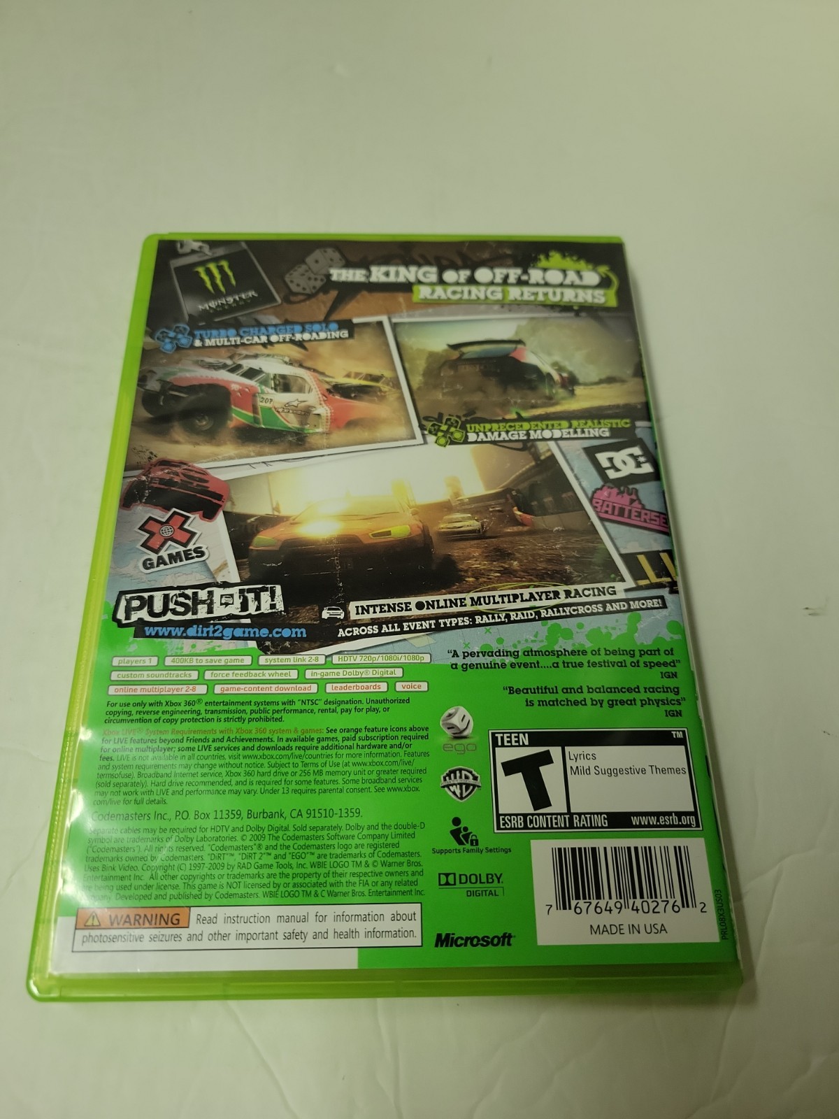 DiRT 2 (Microsoft Xbox 360) Complete w/ Manual Racing X-Games Monster CIB Tested