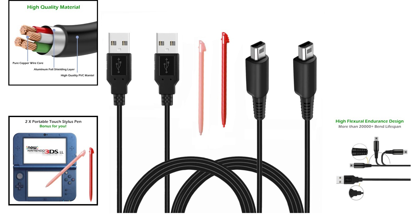 2 Pcs 3.9ft USB Charger Cable for 3DS/2DS/DSi – Play & Charge with Bonus Stylus