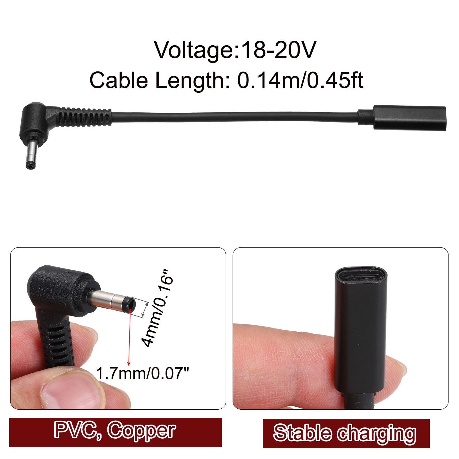 0.5FT USB C to DC PD Power Fast Charging Cable, 4mmx1.7mm 65W/18V-20V(Black)