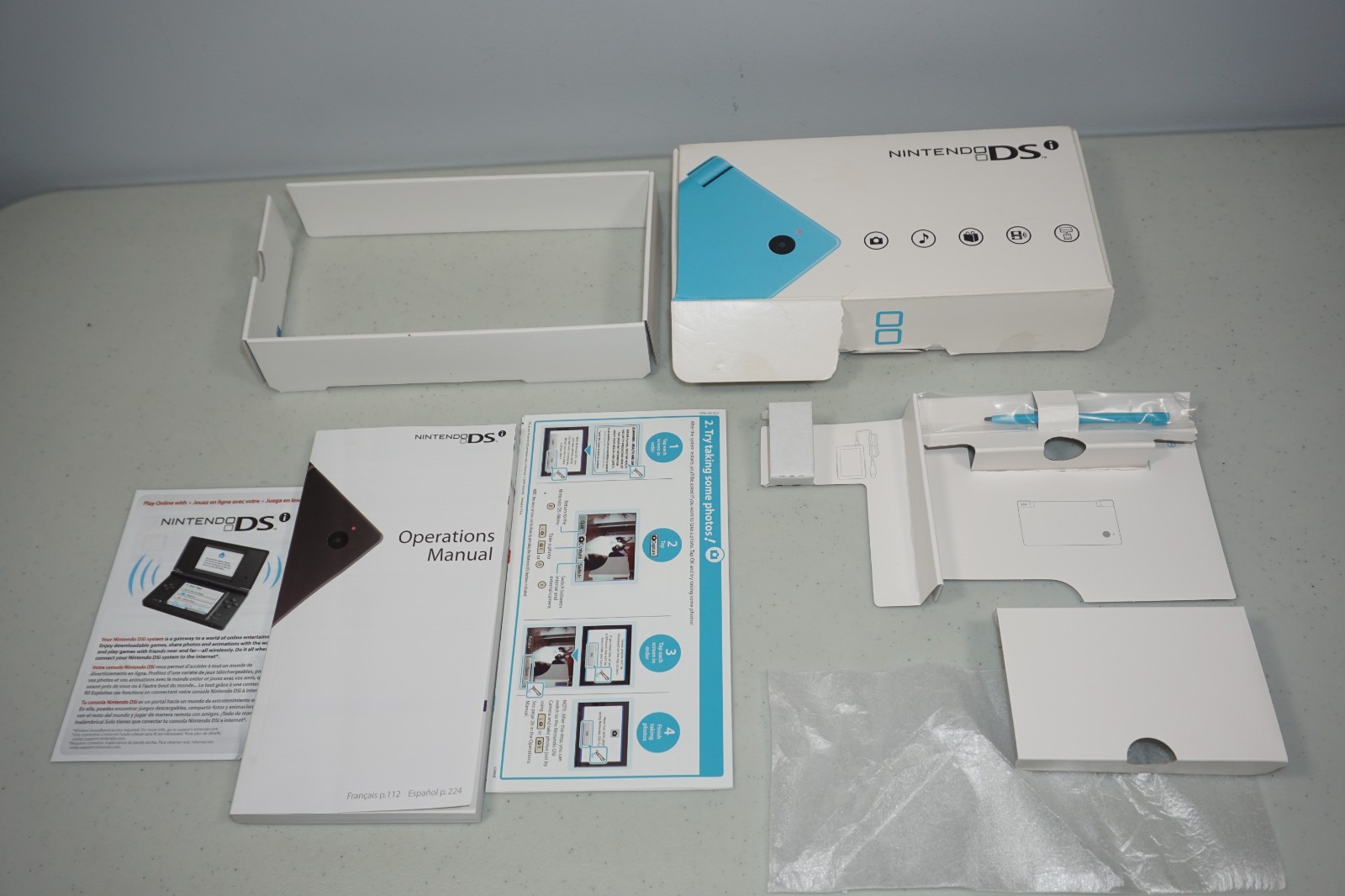 Nintendo DSi Light Blue Empty Box with Inserts Manual Booklets Pen