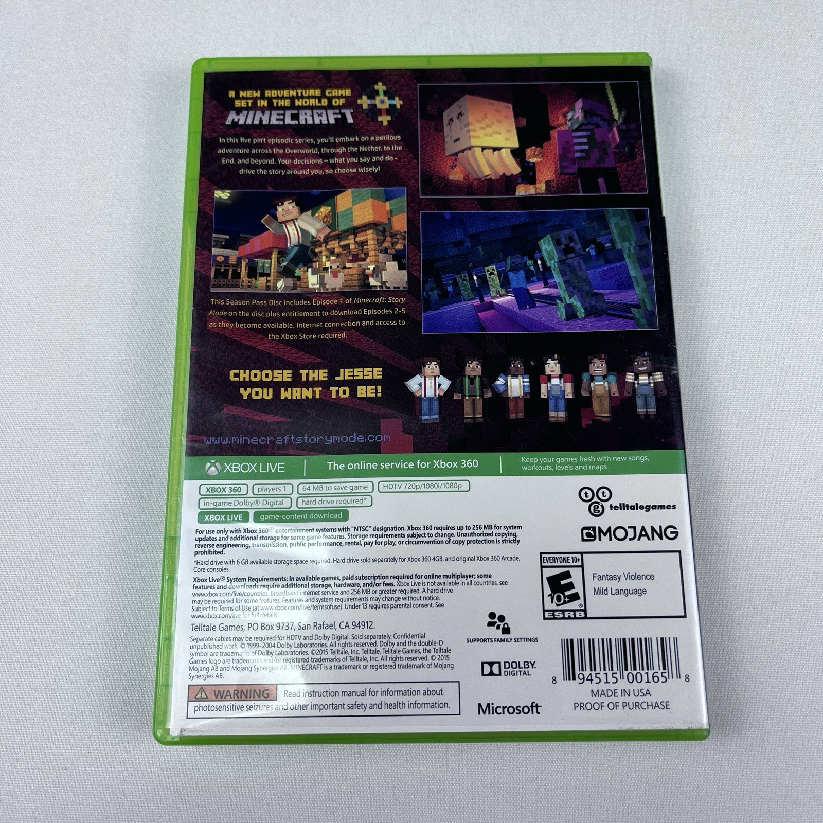 Minecraft Story Mode Season Pass (Microsoft Xbox 360) Video Game Telltale Mojang