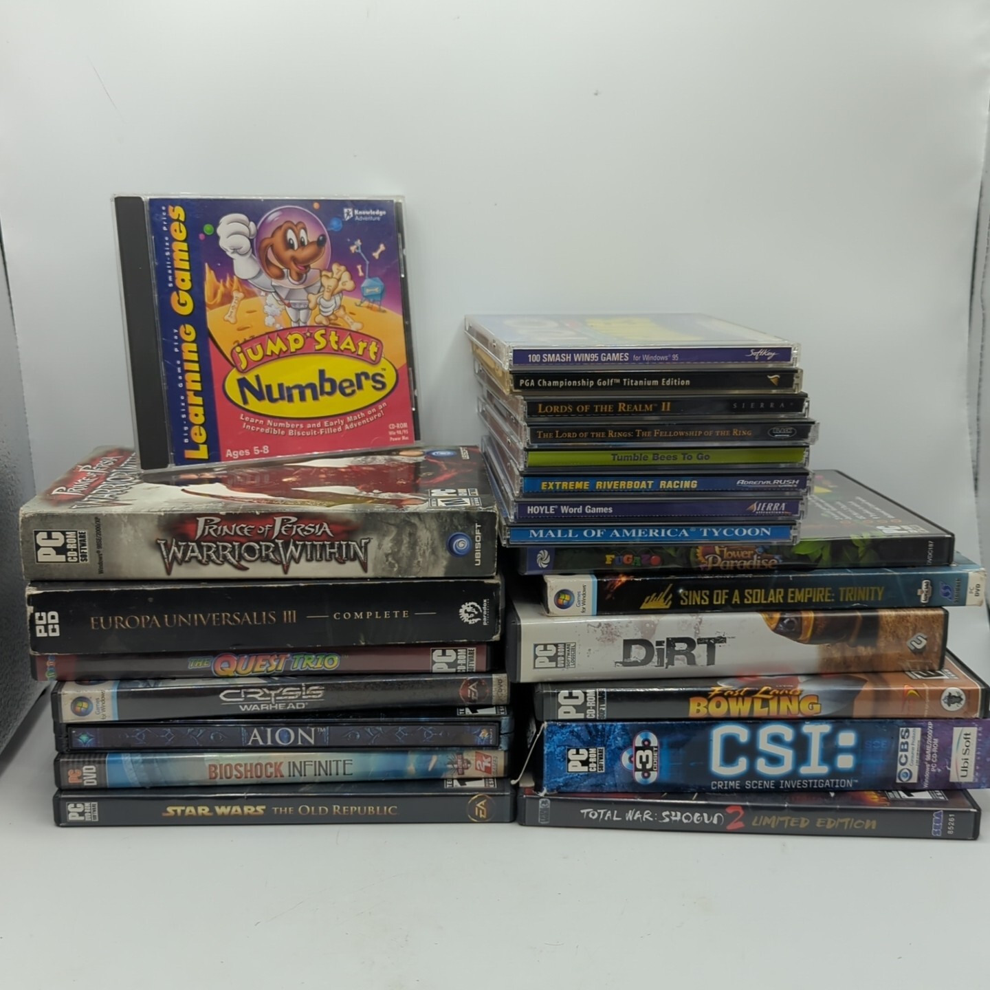 22 PC Videogame Lot Crysis, Lotr, BioShock, Prince Of Persia, AION, Dirt, & More